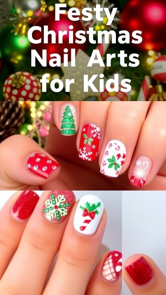 Festive Christmas Nail Art for Kids Festive Christmas nail art for kids with snowflakes, trees, and candy canes in bright colors.